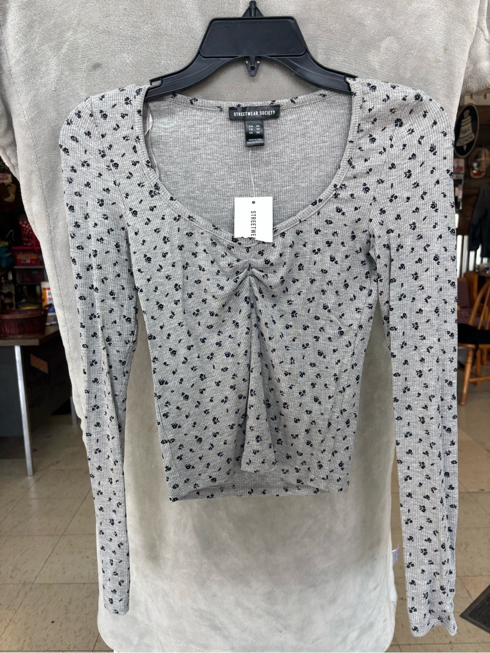 Streetwear Society Grey Floral Long-Sleeve Scoop Neck Top
